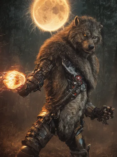 (masterpiece, best quality:1.2), (absurdres, highres, ultra-detailed), (perfect anatomy), (big bad wolf as a badass grizzled time-traveling cyborg ninja assassin:1.2), hulking anthropomorphic wolf (howling at the moon:1.2), (flaming chainsaw wielding:1.2) werewolf batou, iron man wiplash, steel wool file sparks, gritty epic industrial steampunk, leather belts straps, (electric lightning)1.1 steel wool fire (sparks:1.3), analog style, (backlit:1.3) (neon lights:0.7), (film grain:1.3), dark foggy woods