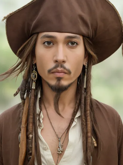 jack sparrow, anime style, masterpiece, best quality, 1boy, brown eyes, hat, brown hair, closed mouth, earrings, green background, hat, pirate, , jewelry, looking at viewer, shirt, short hair, simple background, solo, upper body, white shirt
