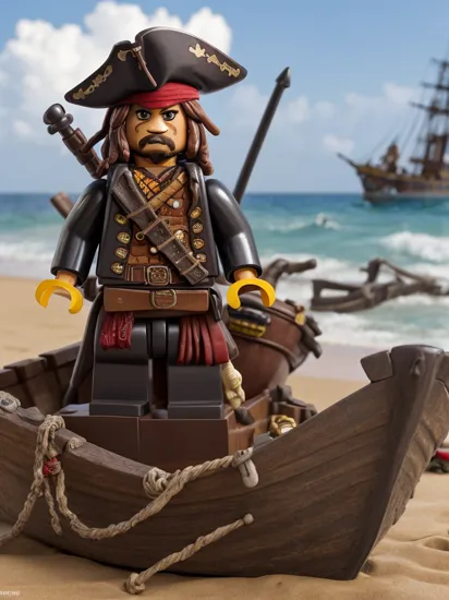 LEGO MiniFig, Jack Sparrow in the film of Pirates of the Caribbean, standing by a broken boat on beach , masterpiece, high detail, 8k, high detailed skin, 8k uhd, high quality