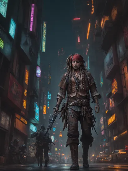 8k UHD, Photo by Nikon camera, masterpiece, ( jack sparrow), watching viewer, 8k unreal engine render, (man), (male), cyberpunk, tech armor, glowing armor, neon armor, power armor, mechanical parts, tech parts, cyborg, robot, technological city full of neons, cyberpunk city, neon city, glow, action shot, detailed eyes, very vivid lighting, detailed, (vibrant, photo realistic, realistic, dramatic, dark, sharp focus),   Cyberpunk Style, , 