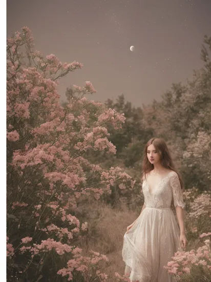 (analog photo:1.2),((dynamic pose:1.2),(dynamic camera),(art retouch),fantasy style, On the moon full of Crimson flowers, an young woman with long lace dress, long hair,walking happily on the flowers moon, looking to camera, The background is the space background, and Earth, stars, and other planets can be seen flying ribbons,design, lighting, photography, cute, realistic, ultra realistic, real photography, photorealistic, Photo taken on a Mamiya ARZ67 with Portra 400 film, aperture 4, shutter speed 125  stardust   , concept art,, (natural colors, correct white balance, color correction, dehaze,clarity), (composition centering, conceptual photography)),(midnight hour, high quality, film grain), (natural colors, correct white balance, color correction, dehaze,clarity)
