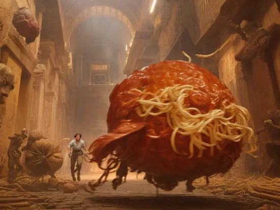 Indiana jones running from giant meatball in the temple of spaghetti++ sauce noodles film still photo+ chaotic strange