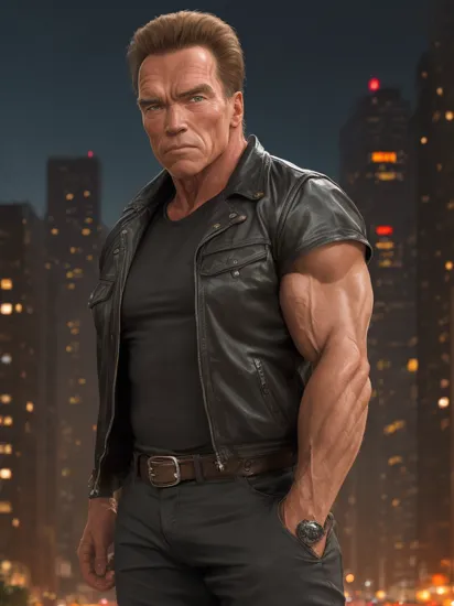 a realistic portrait of Arnold Schwarzenegger as the Terminator, background of a city at night