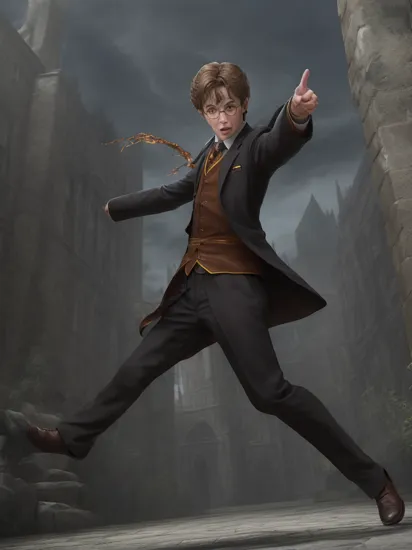(dynamic pose:1.2),(dynamic camera),solo, Harry Potter character,(complex game screenshot background),shadows,(action movement, three-dimensional picture, impressive)
