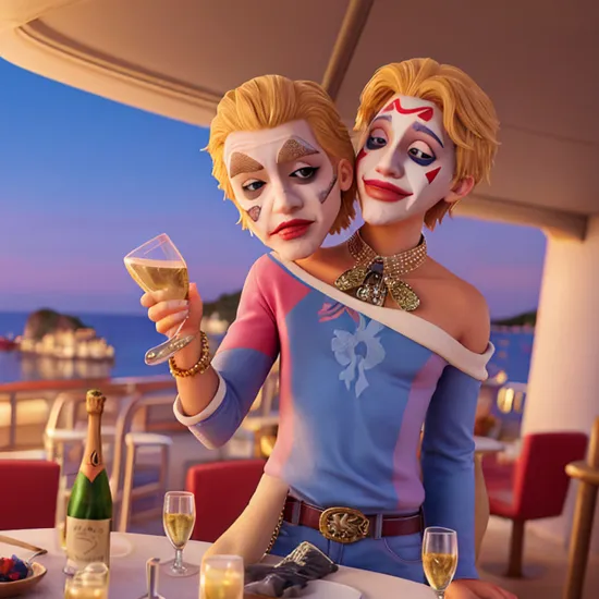 photo of jasonaldean person drinking champagne flute on a yacht near Ibiza. Rich party, glitzy bedazzled. Wearing the joker facepaint.