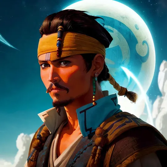 Johnny Depp, The ((The Last Airbender Avatar Aang @JohnnyDepp)), youthful monk, his head adorned with a distinctive blue arrow, a symbol of his spiritual journey. With a serene expression, he demonstrates his connection to the elements, a swirling orb of air floating above his palm. Perched on his shoulder is a loyal companion, a creature with large, inquisitive eyes and oversized ears, sharing in the moment of elemental manipulation. They are framed by a clear blue sky, a representation of peace and the boundless potential of mastery over air.
