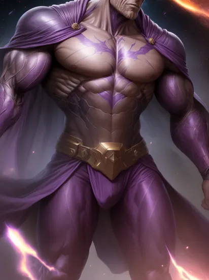 man, male focus, stunning angry Thanos, bald, purple cape, nebula space background, volumetric light, upper body, muscle, muscular, fantasy, dynamic angle, dynamic pose