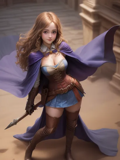 masterpiece,  look at viewer, 1girl, standing, solo, face focus, from above, cowboy shot,
Hermione Granger,  , long hair,
, roto (dq3),circlet, medium breasts, cleavage, strapless, blue dress, purple cape, thighhighs, gloves, boots, belt, scabbard,, knee boots,
school,embarrassed, smile,