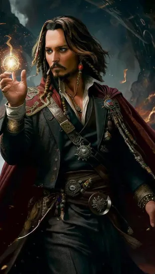 Johnny Depp, Doctor Strange @JohnnyDepp, his cape of levitation billowing, the Eye of Agamotto at his chest. His hands, poised to weave spells, hint at the arcane power at his command, the Sorcerer Supreme, guardian of the mystical realms and reality itself.