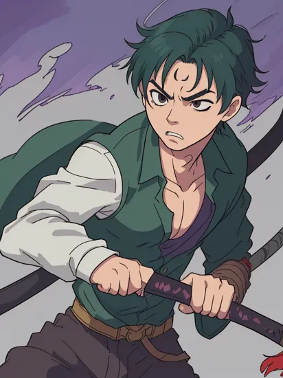 1boy, wanostyle, roronoa zoro, angry looking, katana,  (one eye closed),  scar across eye,  solo, upper body, (((masterpiece))), ((best quality)), (extremely detailed), watercolor, illustration, depth of field, sketch, dark intense shadows, sharp focus, soft lighting, hdr, colorful, good composition, purple fire all around, spectacular, green hair, 