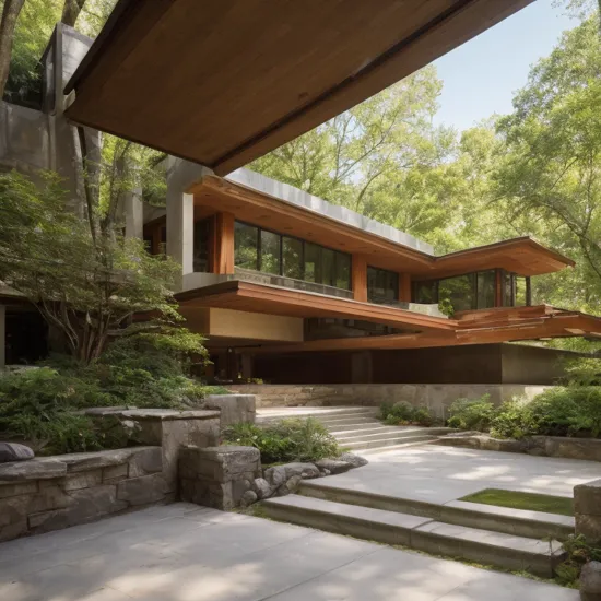 A photography showcase of Fallingwater, the iconic architecture by Frank Lloyd Wright located in Mill Run, Pennsylvania. Through the lens of Ansel Adams, using a 35mm lens, the scene captures the houseâs unique cantilevered terraces amidst the verdant forest. The color temperature exudes a cool blueish tint. No facial expressions as the primary focus is on the structure. Ambient light from the sun provides a gentle glow to the scene, casting soft shadows. The atmosphere is serene and timeless
Dive into the world of Photography that captures the essence of Frank Lloyd Wright's modern "Frank Lloyd Wright's modern style villa" with a focus on the architectural marvel of Fallingwater. Through a 35mm lens, witness the structure in intense clarity and sharpness. The image has a warm color temperature that highlights the building's iconic cascading forms. No facial expressions are present as the image focuses solely on architecture. The lighting is natural, with the sun casting soft shadows on the structure, giving depth and texture. The atmosphere feels serene and untouched by time
A modern house seamlessly integrates natural elements into its design. featuring a balcony adorned with lush greenery and a front yard that blends nature with the environment. Soft ambient lighting casts a warm and welcoming glow. Channeling the spirit of renowned architect Frank Lloyd Wright, this design showcases his signature organic architectural style. The medium for this artwork is an architectural blueprint rendered in high-definition 3D graphics, emphasizing every detail of the design. The color scheme mainly consists of earthy tones and various shades of green, enhancing the connection to nature