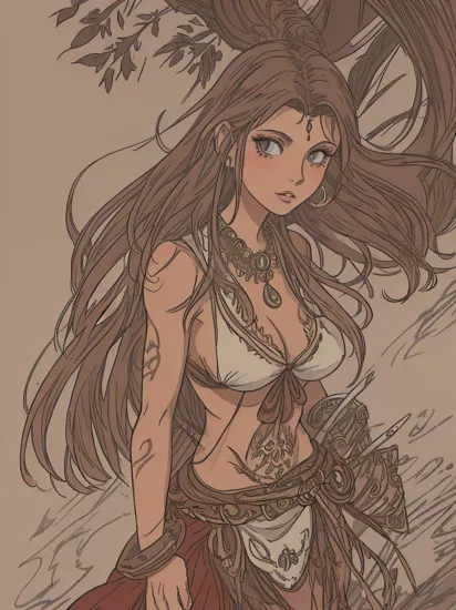 Luis Royo style illustration of the beautiful Disney Pocahontas, with her tribal outfit, similar to Charisma Carpenter
