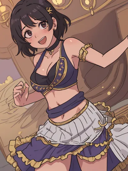 ultra realistic photograph, RAW professional photograph, 1girl, alternate costume, arabian clothes, bare shoulders, belly dancing, black hair, blush, breasts, choker, cleavage, collarbone, dancer, dark-skinned female, dark skin, hair ornament, harem outfit, head tilt, highres, idolmaster, idolmaster cinderella girls, large breasts, looking at viewer, lower teeth only, midriff, natalia (idolmaster), navel, o-ring, o-ring top, open mouth, pelvic curtain, purple eyes, revision, short hair, smile, solo, standing, stomach, sweat, teeth, trente