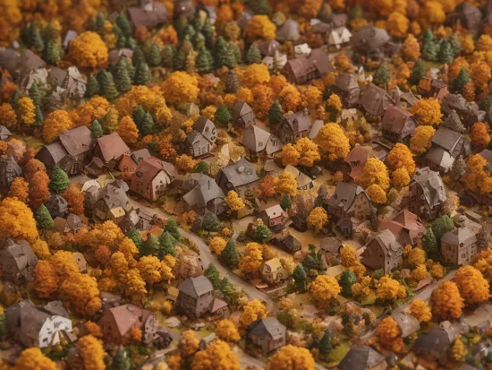 Mushroom village nestled beneath Eastern Hemlock trees populated with tiny rodent people, autumn,  Fall holiday decorations, extremely detailed, masterpiece, macro photography, tilt shifted, best quality, 
 