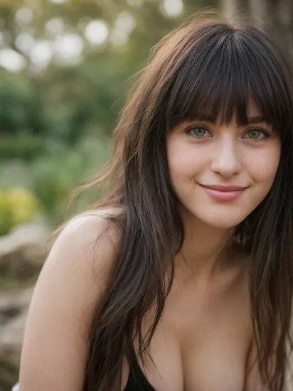 detailed and realistic portrait of (sooogs), sexy, 21 yo, green eyes, bangs, black_hair, blunt_bangs, closed_mouth, lips, smile, long_hair, looking_at_viewer, medium breasts, shot outside, soft natural lighting, portrait photography, magical photography, dramatic lighting, photo realism, ultra-detailed, intimate portrait composition, Leica 50mm, f1. 4
