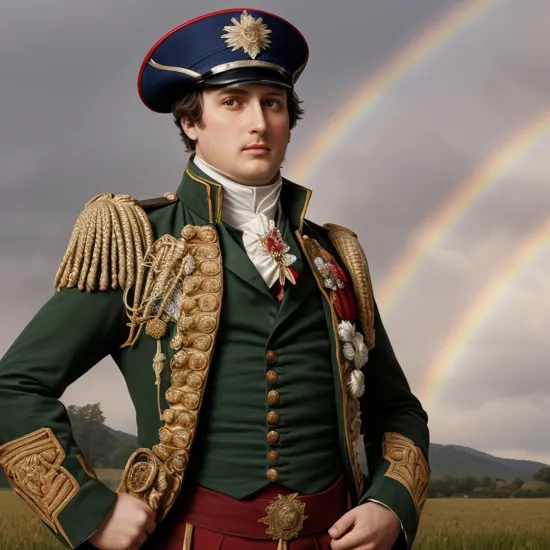 highres, masterpiece, high quality, napoleon bonaparte \(fate\), male pectoral cleavage, military uniform, goatee, standing in a field with a rainbow in the background