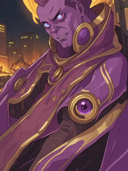 evil Thanos, golden armor, high quality, ((purple glowing eyes)), masterpiece, 8k, ((hyper realism)), highres, raytracing reflections, sharp focus, apocalyptic city with destroyed and burning buildings, realistic skin, (evil look), detailed face, 