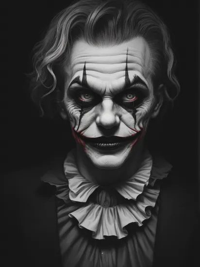 A portrait of The Joker, black and white tones, exaggerated facial expressions, (sinister smile:1.2), (clown makeup:1.1), high contrast, deep shadows, striking highlights, Kodak Ultra F9 aesthetics, 35mm film texture, vintage vibe, intense gaze, moody atmosphere, Sony α7R IV, 1/125s, f/2.8, ISO 800, dramatic lighting, RAW photography, professional grade,