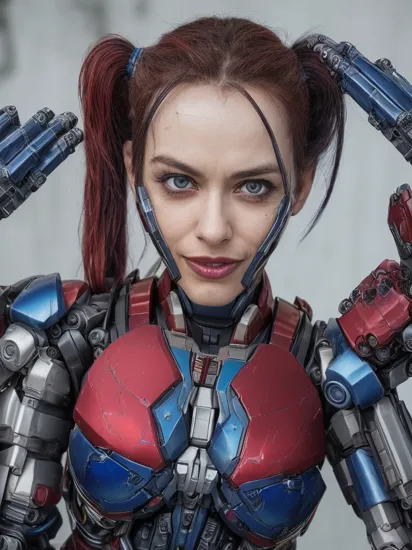 a portrait photography of harley quinn with (blue and purple dyed unkempt and messy hair and (two ponytails on each side:1.1):1.1), (having bionic arms:1.5) from cyberpunk 2077 game, (maniacal grin showing teeth:1.1), standing on top of building, rugged looking, (looking at viewer:1.5), action pose, (wearing cyberpunk style red and blue chrome metallic cyborg ironman like suit with transformers like parts:1.5), perfect eyes,  perfect iris, identical eyes, identical iris, face to body proportion, golden ratio, symmetrical eyes, symmetrical iris, balanced eyes, sharp eyes, realistic eyes, perfect fingers,    