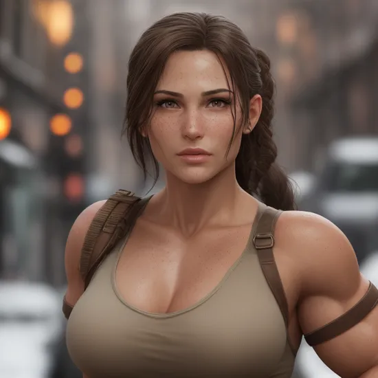 muscle lara croft from tomb raider, sultry flirty look, (blowjobpose:1),realistic (huge penis),freckles, beautiful symmetrical face, cute natural makeup,   realistic hands, realistic skin, realistic hair, skin pores, high resolution, realistic face, Realistic eyes, intricate details, highly detailed, standing outside in snowy city street, ultra realistic, concept art, elegant, highly detailed, intricate, sharp focus, depth of field, f/1. 8, 85mm, medium shot, mid shot, centered image composition, professionally color graded, bright soft diffused light