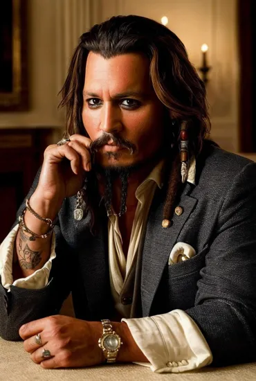 Johnny Depp, Distinguished man @JohnnyDepp, sharp beard, tailored suit, poised with hand on chin, contemplative look, fine dining setting with a glass of white wine, intimate ambiance with warm, inviting lighting, captures an essence of sophistication and quiet reflection.