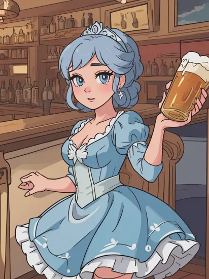 modelshoot style, (extremely detailed 8k wallpaper), a medium shot photo of a Disney princesses Cinderella (from Cinderella), in a bar, drinking beer., Intricate, High Detail, dramatic