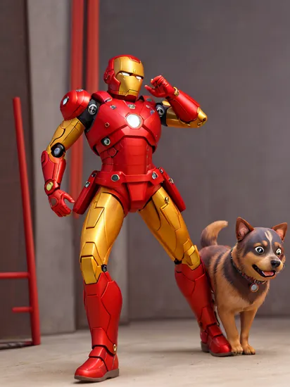 an image of dog, alert pose, cyberpunk style, wearing bionic helmet, wearing iron man armor, high detail, octane render, very dog, golden armor with chrome plating, bright red and yellow back contrast light, ultra realistic, detailed, 8k , photorealistic