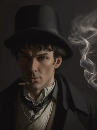 Sherlock Holmes, moody, anticipation, somber, expressive, haze, Caravaggio lighting, in the style of Dean Cornwell, JC Leyendecker, sketch, pulp, volumetric lighting, dramatic lighting, chromatic lens, black, Triadic colors, space, silhouette, double exposurel, smoking pipe