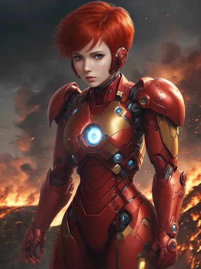 european woman, red head, cute face, cyberpunk Haircut, red armored nano suit, iron man, ((looking at viewer)), (((battlefield))), ((war)), ((fire)), (((blasts))) 
