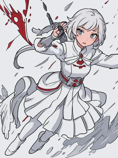 master, chief , best quality, high quality, highres, high detail, rich details, 
(white background), simple background,
1girl, snow white,
grey eyes, white hair, blood on clothes, white clothes, 
full body, sexy, active pose, random pose,  