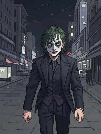 the joker walking through streets of new york, stunning photo, dark moody aesthetic, at night, city lights in background. surreal, 8k