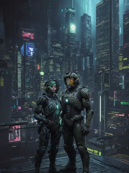 Two people, (glowing tattoos hologram Cortana) and (military camouflage colored Master Chief) reimagined in a cyberpunk universe, standing on top of a tall sky scraper, cyberpunk, cyberpunk art style, cyberpunk surroundings, glowing multicolored neon lights, raining, lightning, cinematic scene, detailed background, masterpiece, best quality, high quality, highres, absurdres, 16k resolution   