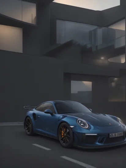 a dark blue Porsche 911 GT3 RS Turbo, the number plate spelling R A C E R 9 1 1 , parked in front of a hyper modern esteemed mansion with futuristic architectural features , (photorealistic:1.4), (perfect composition, perfect pose, photography:1.55), dramatic angle, lens flare, (chromatic aberration:1.1), (caustics:1.1), highly detailed, cinematic lighting, Soft natural lighting, evening light,  hyper detailed, elaborate, high quality, masterpiece ,ray tracing, 8k, UHD, absurdres, 
