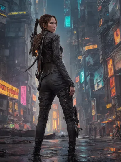 concept art Katniss Everdeen from The Hunger Games, (reimagined in a cyberpunk universe), (cyberpunk style), (cyberpunk), cyberpunk outfit, punk hair, (augmentation), (cybernetics), glowing neon lights, cinematic scene, hero view, action pose, beautiful 8k, detailed background, masterpiece, best quality, high quality, absurdres, vivid.. digital artwork, illustrative, painterly, matte painting, highly detailed