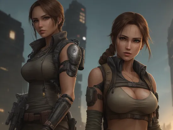 Lara Croft, cyberpunk style, detailed anime,cybernetic implants, cyberwear, dystopian city, intricate , high quality,  ,   ,  