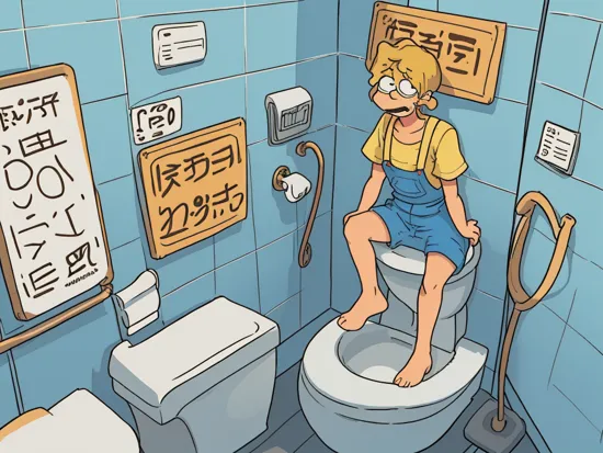 Homer Simpson, surprised sitting on the toilet seat holding a sign that says "PAPER NOT FOUND", no paper on toilet,((bathroom tiles painted with the number 404))