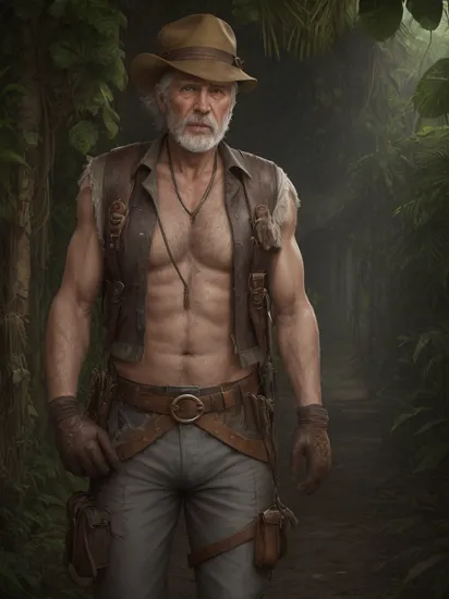 (best quality, photorealistic, hyper realistic, masterpiece:1.3), (1man,  old  male:1.2), frail,  light blue eyes, gray hair, beard,, panties, cameltoe, portrait, solo, upper body, detailed background, detailed face, (1920s theme:1.1), explorer, sneaking, dynamic pose,  tattered frayed leather clothes, vest, indiana jones hat,    straps, belt, gloves, (leather pouches:0.4), treasure map,  tropical jungle background, vines,  mold, dust,  dark cinematic atmosphere, occult,   , <lyco:CulturePunkBundle-000007:0.5>, OldEgyptAI, ancient egyptian, high quality, highres, intricate details, 4k, 8k, 