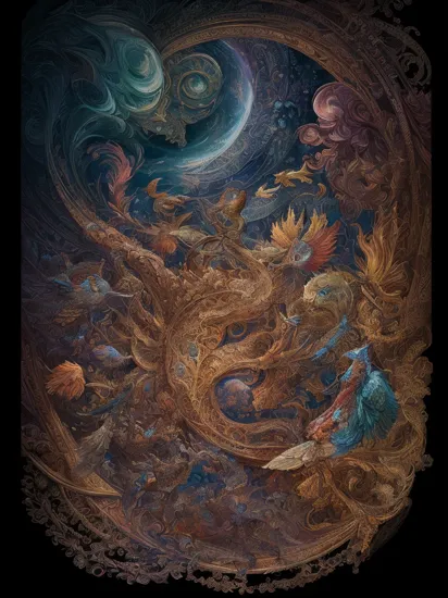 An ultra hd detailed painting of many different types of colorful bird by android jones, earnst haeckel, james jean. behance contest winner, generative art, baroque, intricate patterns, fractalism, movie still, photorealistic, centered, symmetry, painted, intricate, volumetric lighting, beautiful, rich deep colors masterpiece, sharp focus, ultra detailed, in the style of dan mumford and marc simonetti, astrophotography