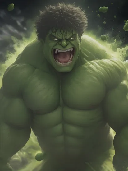 (engulfed by green powder explosion),hulk \(marvel\),very angry expressions,(closeup:1.2),hefty man,frown,screaming,Energy blast attack,brooding and intense,universe,sci-fi,,,