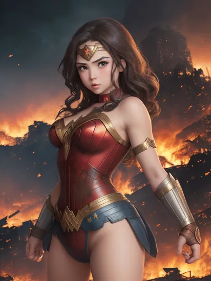 WonderWaifu cute adorable chibi wonder woman, big head little body pretty face, detailed eyes, intense look, (fighting pose:1.3), (destroyed city, distant fires:1.4), rising smoke, windy dust debris volumetric lighting fog, action camera (masterpiece:1.2) (illustration:1.1) (best quality:1.2) (detailed) (intricate) (8k) (HDR) (wallpaper) (cinematic lighting) (epic movie color grading) (sharp focus)  