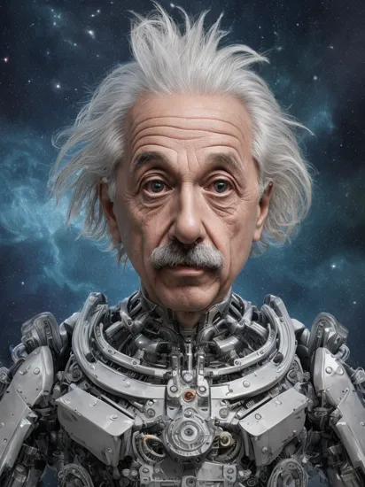 In a surreal twist of time and space, Albert Einstein takes on a mechanical form, his face a harmonious blend of human expression and detailed robot components. Set against a stark, solid white background, the lighting bathes his countenance in a (cosmic glow:1.2), emphasizing the intricate craftsmanship of his transformation. The interplay between his human features and the precision of the robot parts is reminiscent of a (Dadaist:1.1) masterpiece, challenging the conventional boundaries of art and science. Every element should be (hyper-realistic:1.2) with a touch of (neon-noir:1.1) aesthetics, creating a visual narrative that speaks to the melding of intellect and technology.