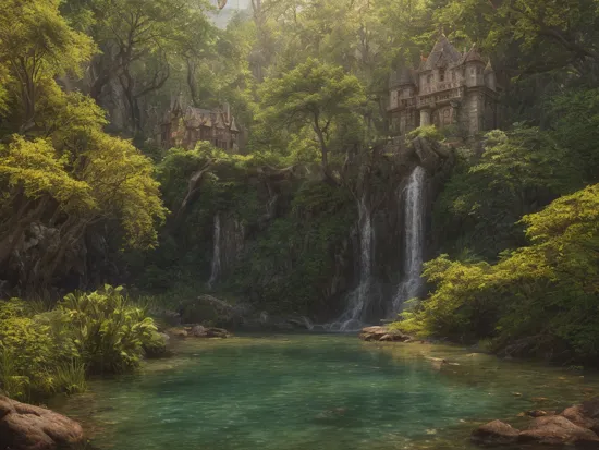 a fantasy castle surrounded by trees and water in the middle of a forest with a river running through it, Chris LaBrooy, matte fantasy painting, a detailed matte painting, fantasy art, , ,painting, fan art,detailed, perfect anatomy,reflection light, realistic light,8k octane wallpaper,hardline,highly detailed,intricately detailed,digital painting, fan art,ultra detailed, best quality,masterpiece, (volumetric lighting, bright),novelai, aesthetic, masterpiece, macro photography vivid colors, photorealistic, cinematic, moody, rule of thirds, majestic,