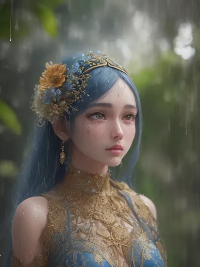 fashion photography portrait of blue human avatar,((whole body)),(Clothes with golden trimmings and natural patterns),metal ornaments, in blue lush jungle with flowers and birds, 3d render, cgi, symetrical, octane render, 35mm, bokeh, 9:16, (intricate details:1.12), hdr, (intricate details, hyperdetailed:1.15), (natural skin texture, hyperrealism, soft light, sharp:1.2, (busty:0.5) , Cried eyes, ((crying)),((outdoor)), (Wet body), ((raining)) ,  ((background defocused)):1.2, (((depth of field))):1.2,
<lora:zhaoJinmaiChinese_v35:0.6>
