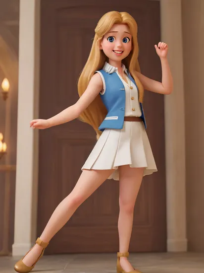 (best quality, masterpiece:1.2),(realistic, photo-realistic:1.4),8k,RAW photo,professional lighting,photon mapping,radiosity,physically based rendering,1girl,solo,long hair,smile,Rapunzel wearing a white sleeveless strtrk uniform which ends in a short skirt,open vest,high heels,full body,look at viewer,