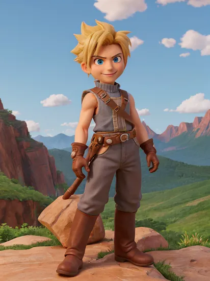 masterpiece, best quality, highly detailed, ,
cowboy shot, standing, (looking at viewer:1.15), (looking at viewer:1.2), (angry:0.687), smile,
(solo), (1boy), , cloud strife, (spiky hair:1.1), blonde hair, short hair, [aqua:blue:4] eyes, gradient eyes, toned, (abs:0.9), long legs,
shoulder armor, single sohulder pad, sleeveless turtleneck, suspenders, brown belt, black pants, baggy pants, gloves, bracer, brown boots, brown gloves,
colorado canyon, sunny, mountains, beautiful scenery, orange sky, evening, vibrant