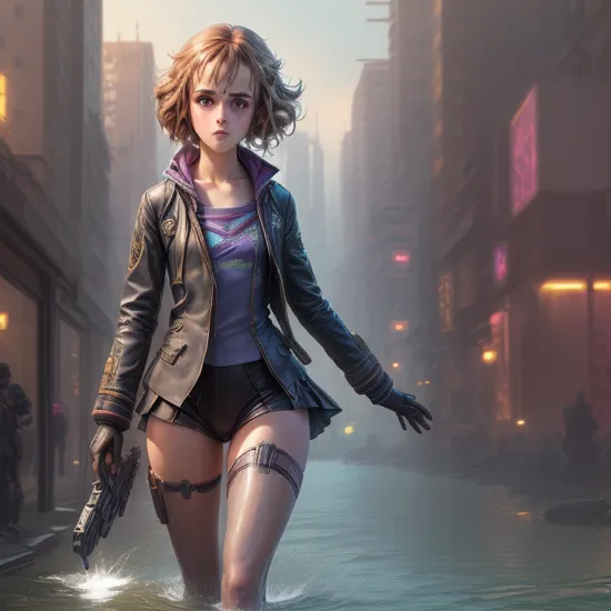 official art, 4k, photography, cyberpunk biotic neon alien lush city submerged with mist and water, fog, flying spaceships, biotic robot cat girl, alien lush blue and purple body connected to a terminal, connected to a terminal, (emma watson as (hermione granger from harry potter):1.2), doing experiments on biotic aliens, (cyberpunk style, anime 2d style:1.2), highly detailed, intricate, trending on artstation, art by J.C. Leyendecker