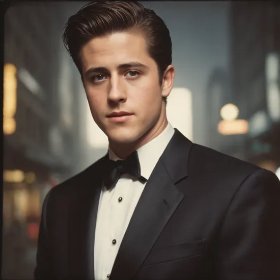 vintage polaroid analog portrait photography upperbody of fit davidhenrie person using a tuxedo, prefessional photography, high resolution, 4k, in blade runner, 50mm,  