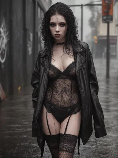 Best quality, masterpiece, ultra high res, raw photo, (photorealistic:1.4), 1girl, gothic style, thick goth girl with a young face and body, appearing to be 18 years old, (street photography:1.2), wet in heavy rain, (all lace clothes:1.3), fishnet stockings, asymmetric colored hair parts, (black makeup:1.2), a deeply sad expression, tears welling up in her eyes, confident stance with a hint of vulnerability, wet hair, raindrops on skin, puddles on the ground, (moody atmosphere), (cinematic lighting:1.2), dramatic shadows, vibrant colors, (wet and shiny skin), (realistic skin texture), (lush hair:1.3), (full lips), captivating and sorrowful eyes, (pale skin), (gothic accessories), (tattoos), urban backdrop, wet streets, (street art in the background), (gritty environment), (high contrast:1.3), (low saturation:1.2), (edgy composition), (sexy and mysterious), (seductive pose), (looking at viewer:1.2), (posing in front of graffiti), (confident and rebellious), wearing a black oversized jacket on top but don't cover her front, revealing her alluring lace outfit underneath. Her youthful appearance adds a poignant contrast to her sadness, evoking a sense of innocence amidst the emotional turmoil