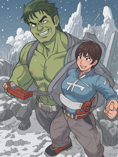 (super size Hulk and super size Ultraman),badass,snow on the ground,epic,cataclysmic,absurdres,best quality,digital art style,hyperreal,SURREAL,smile,very detail on face,