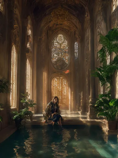 90s photo of a woman sitting in a light-flooded atrium, baroque architectural style, contemplating tranquil atmosphere, dust rays with dappled sunlight,
filled with plants and nature, The room is decorated with intricate gold and silver designs on the walls,
, (havana:0.8) (bimbo:0.45), grain,
wearing oversized Track jacket and gold chain, contempt, happy, photography, national geographic,
 MFBP1, , 